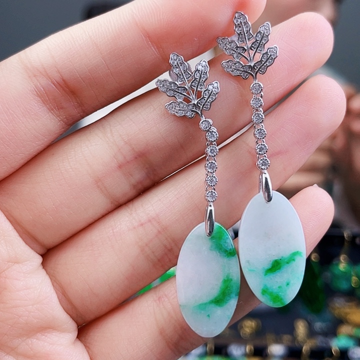 翡翠耳饰银S925镶嵌饰品