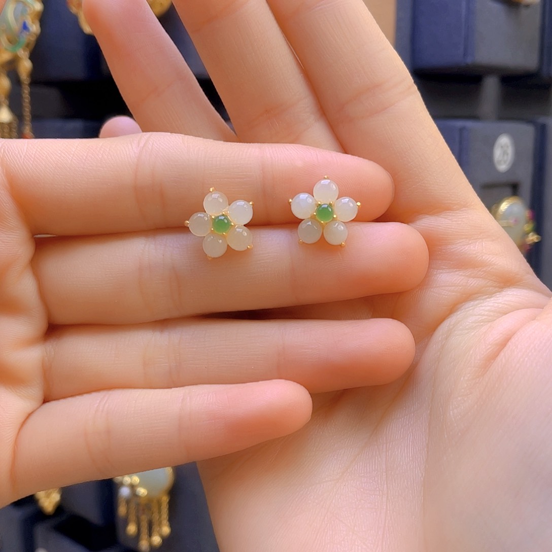 和田玉耳饰银S925镀金镶嵌