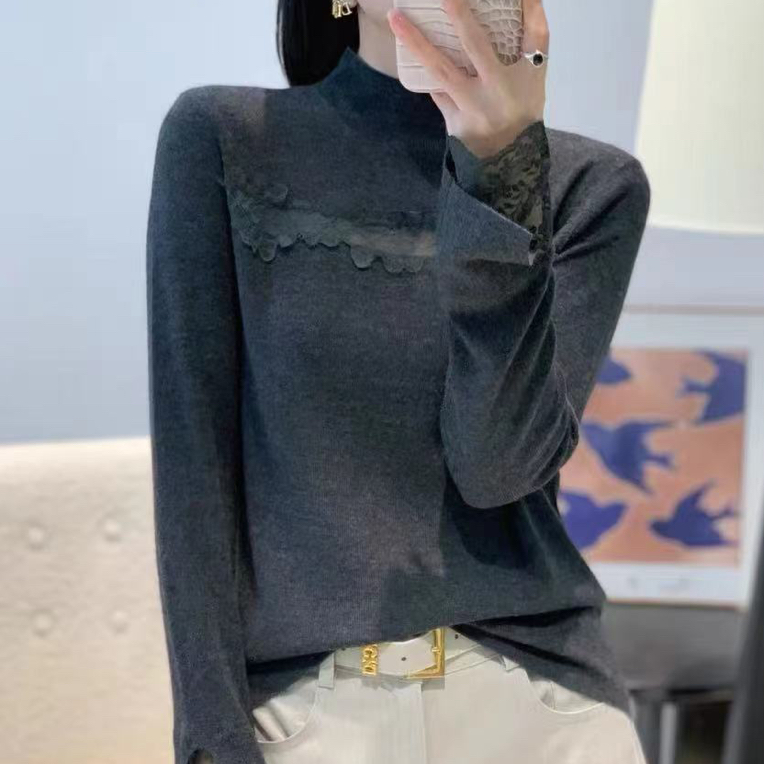 邹先森86130-30蕾丝镂空袖口花边半高领针织衫时尚百搭显瘦修身