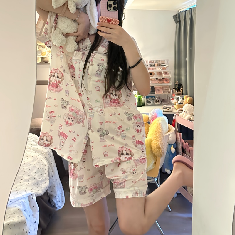 胖mm大码短袖睡衣夏季宽松薄款冰丝翻领印花可爱可外穿家居服套装