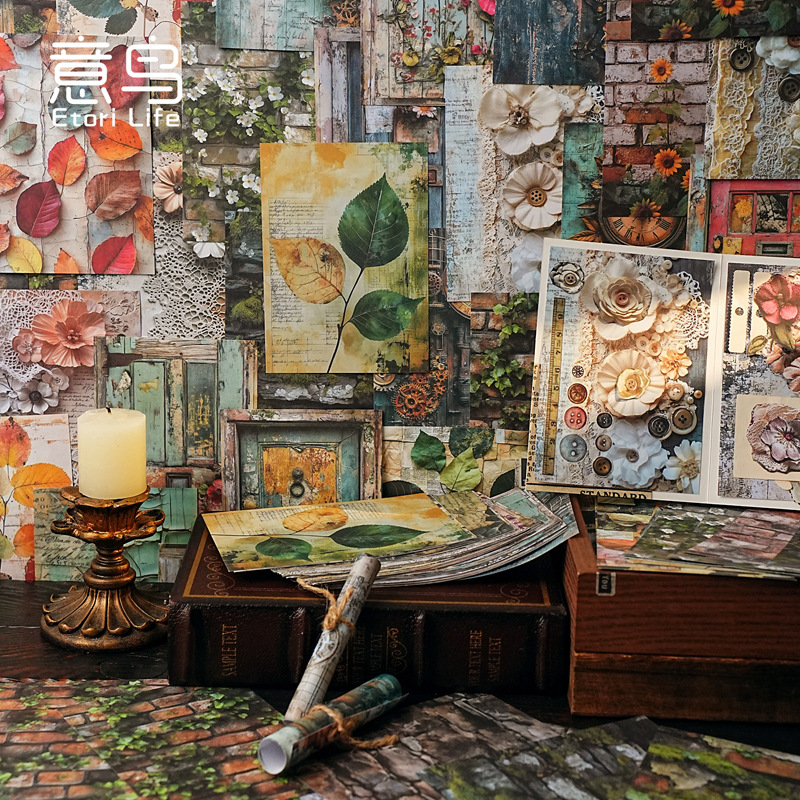意鸟etori素材纸 旧梦余温系列 复古植物手账DIY装饰打底20张入