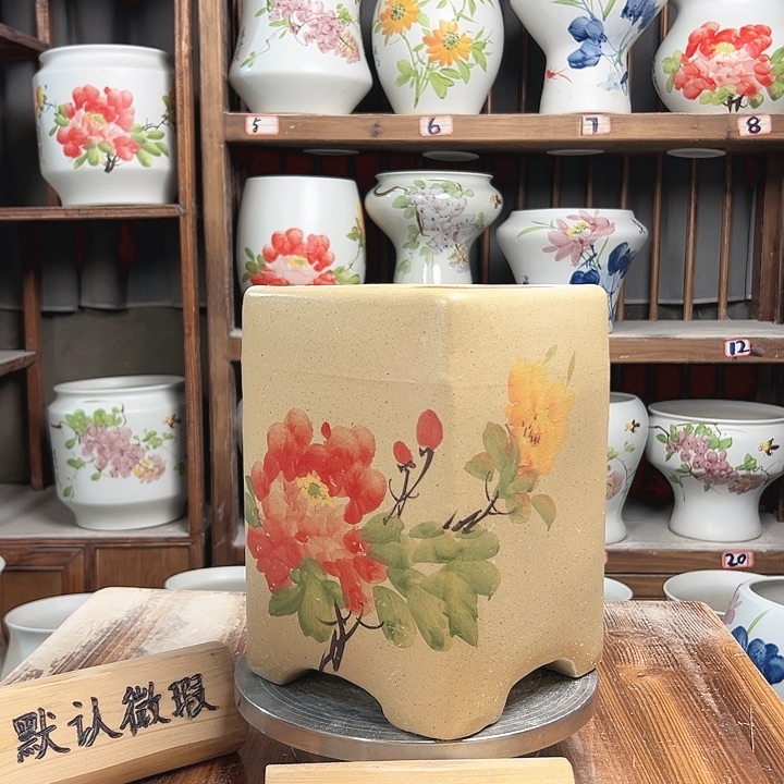 摆件四方盆陶泥牡丹新款陶瓷