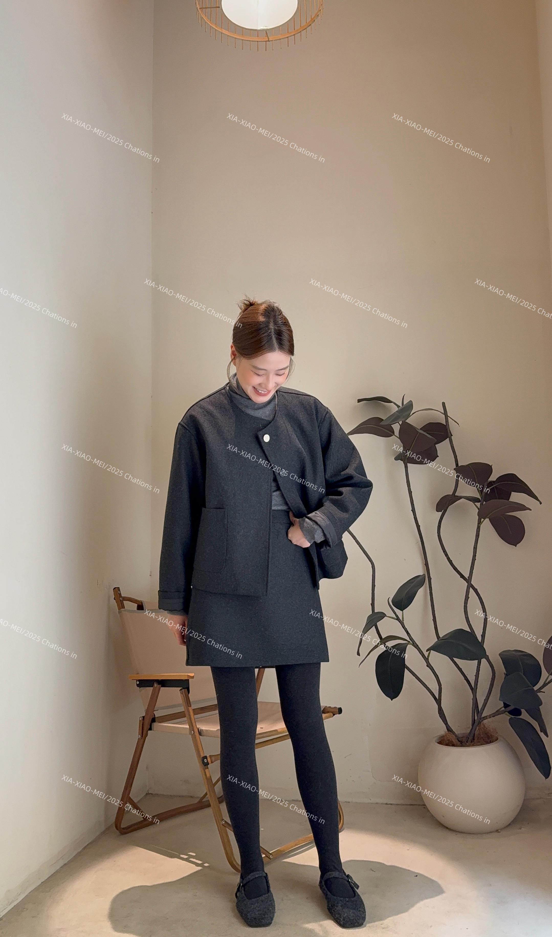 XIAOMEI ｜深灰羊毛呢韩版外套+A字短裙两件套套装-5451