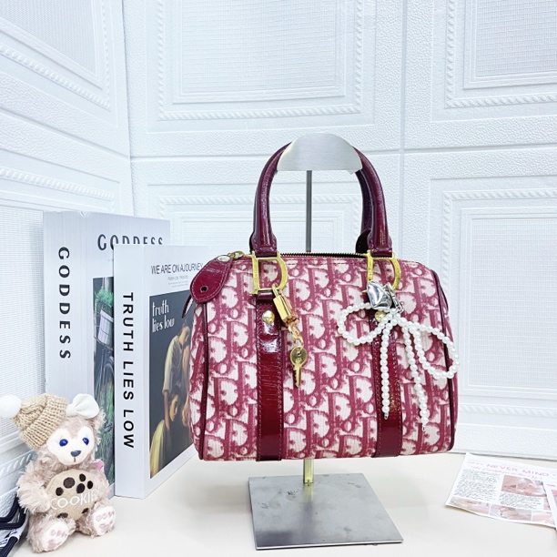 95新 DIOR/迪奥 红色20cm老花波士顿小号手提包