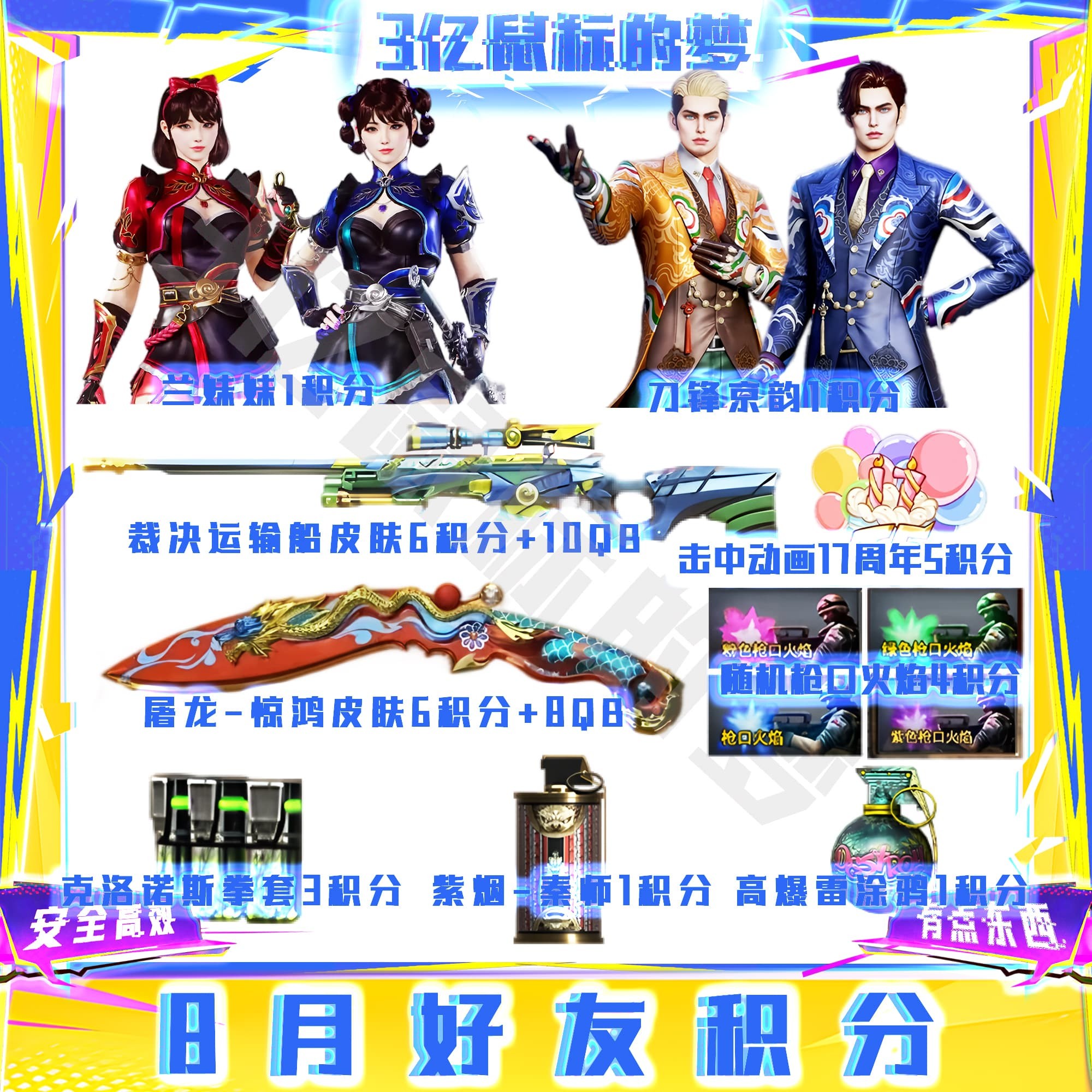 CF穿越火线端游8月好友积分兰妹妹刀锋京韵裁决皮肤屠龙皮肤紫烟