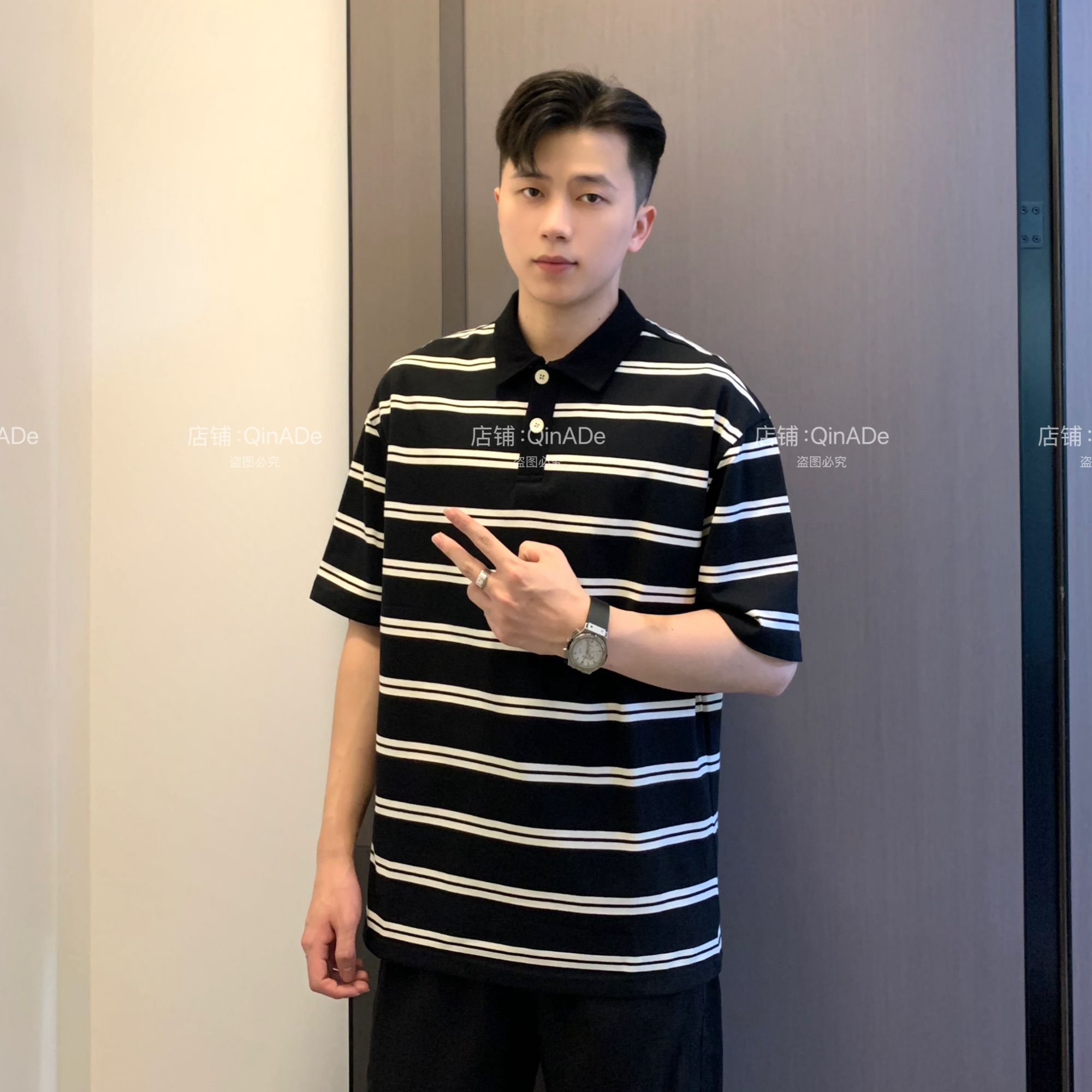 QinADe夏季经典黑白条纹短袖翻领POLO衫男韩版时尚半袖T恤3608