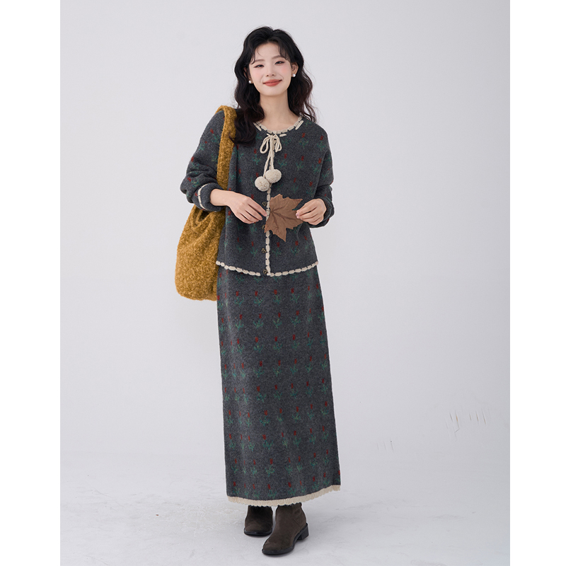 【大码】 280冬季两件套系带针织毛衣半身裙套装裙女