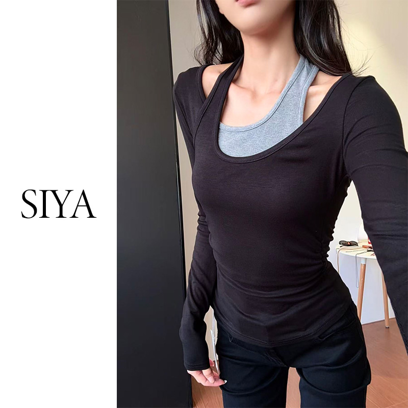 【SIYA】气质长袖不规则领型法式修身显瘦女千禧辣妹黑色T恤内搭
