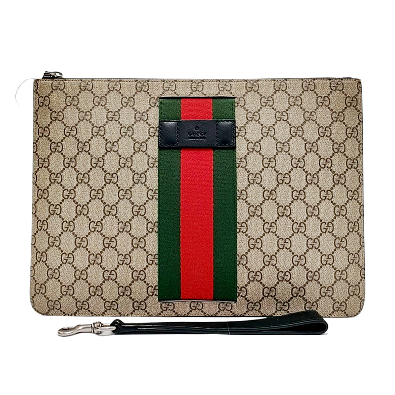 95新 GUCCI/古驰 Supreme男士棕色老花双G饰条纹织手拿包信封包