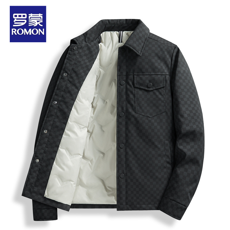 罗蒙秋冬季羽绒服男款冬装棋盘格保暖新款翻领夹克加厚羽绒服外套