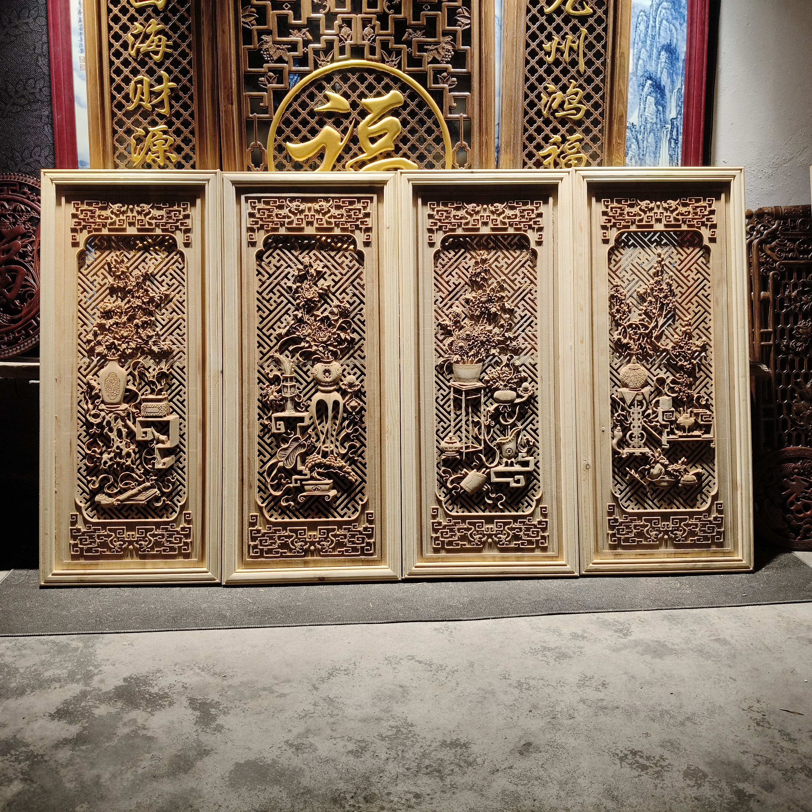 东阳木雕(暗八仙博古)挂屏高度1米宽度45