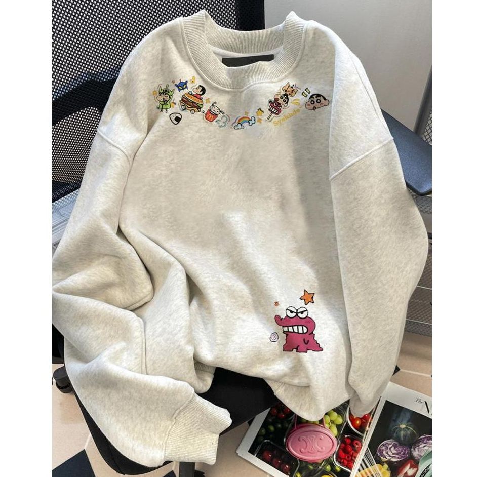 日系减龄蜡笔小新秋冬季新款圆领卫衣女休闲百搭加绒加厚上衣