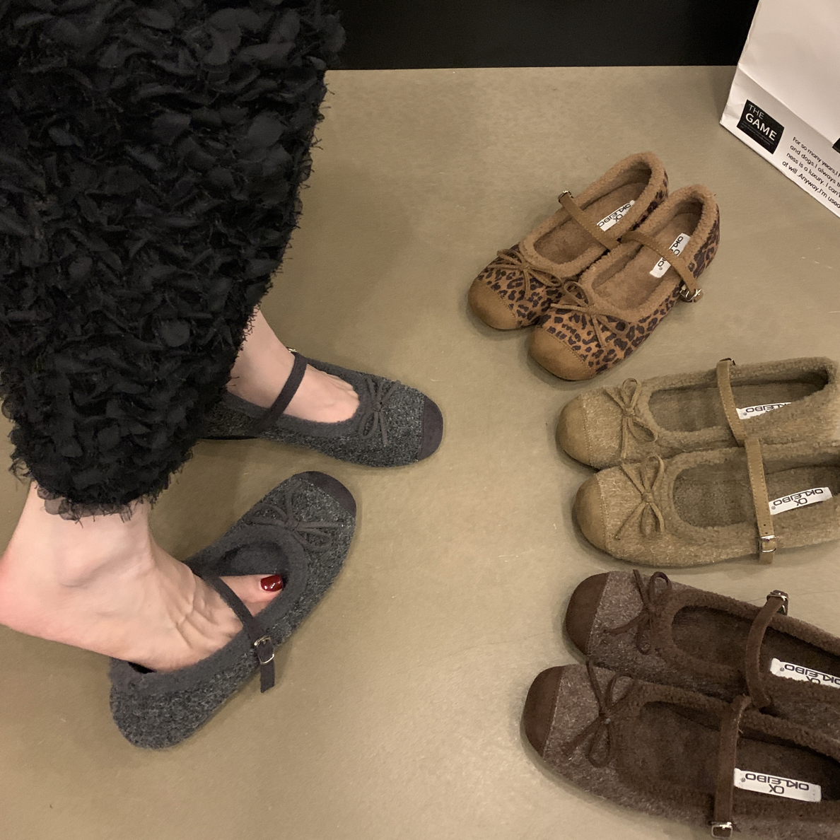 2025冬小香风一字带蝴蝶结芭蕾舞鞋加绒羊羔毛毛鞋女外穿保暖棉鞋