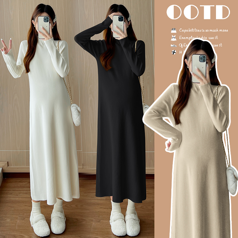 秋冬百搭半高领孕妇毛衣裙长款打底孕妇装裙子