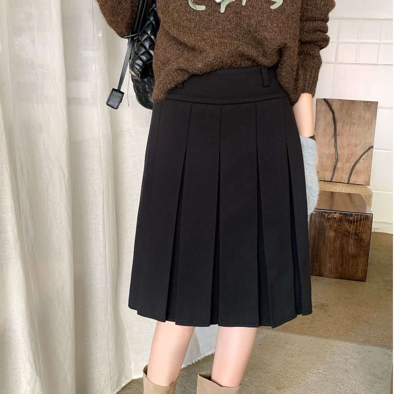 秋冬款韩版两面穿百褶裙女高腰a字半身裙高个子遮胯中裙毛呢短裙