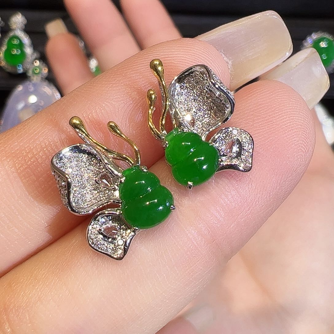 翡翠耳饰18K金镶嵌葫芦