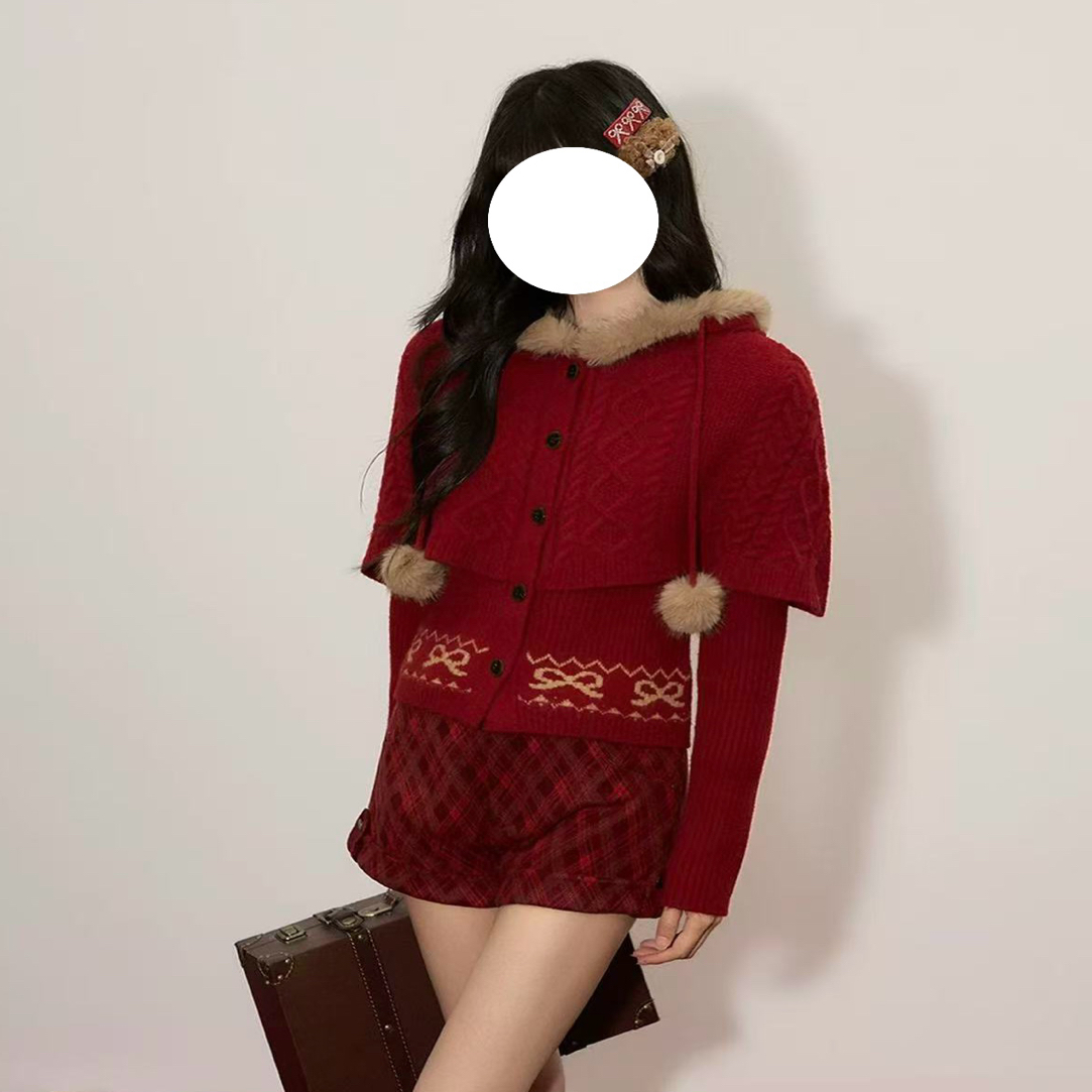 圣诞新年款umoumo乌蘑甜美氛围感毛绒连帽斗篷绞花开衫毛衣J338
