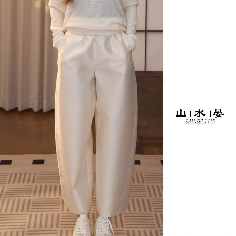 新款桑蚕丝羊毛松紧腰休闲裤女高级感气质九分裤镰刀裤HYM5007