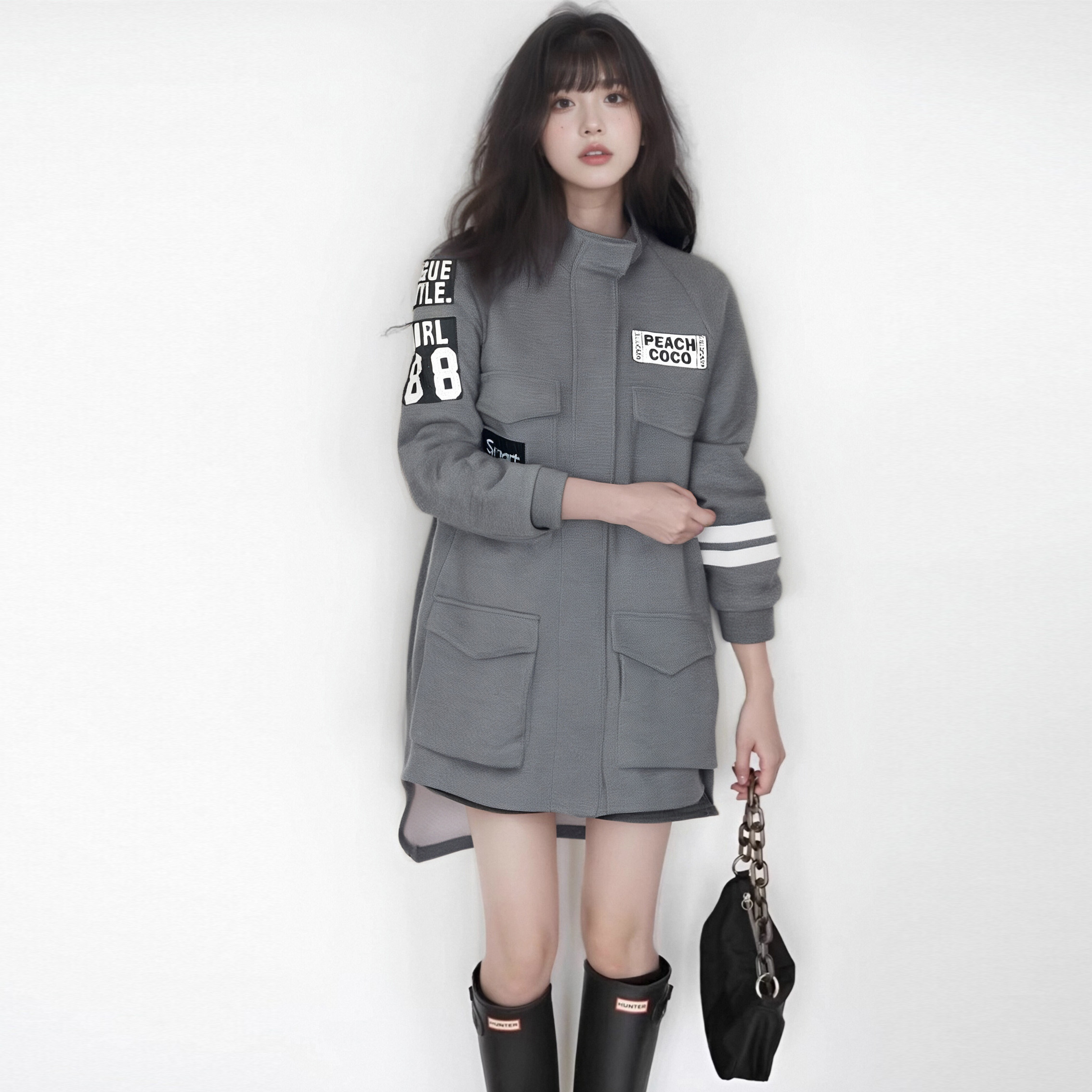 K5QBZ132#秋款牛仔外套宽松休闲中长款多口袋棒球服棉衣上衣女