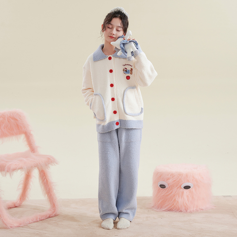 HANYOU亲子【可露丽】秋冬A类半边绒睡衣开衫套装中大童家居服JG080