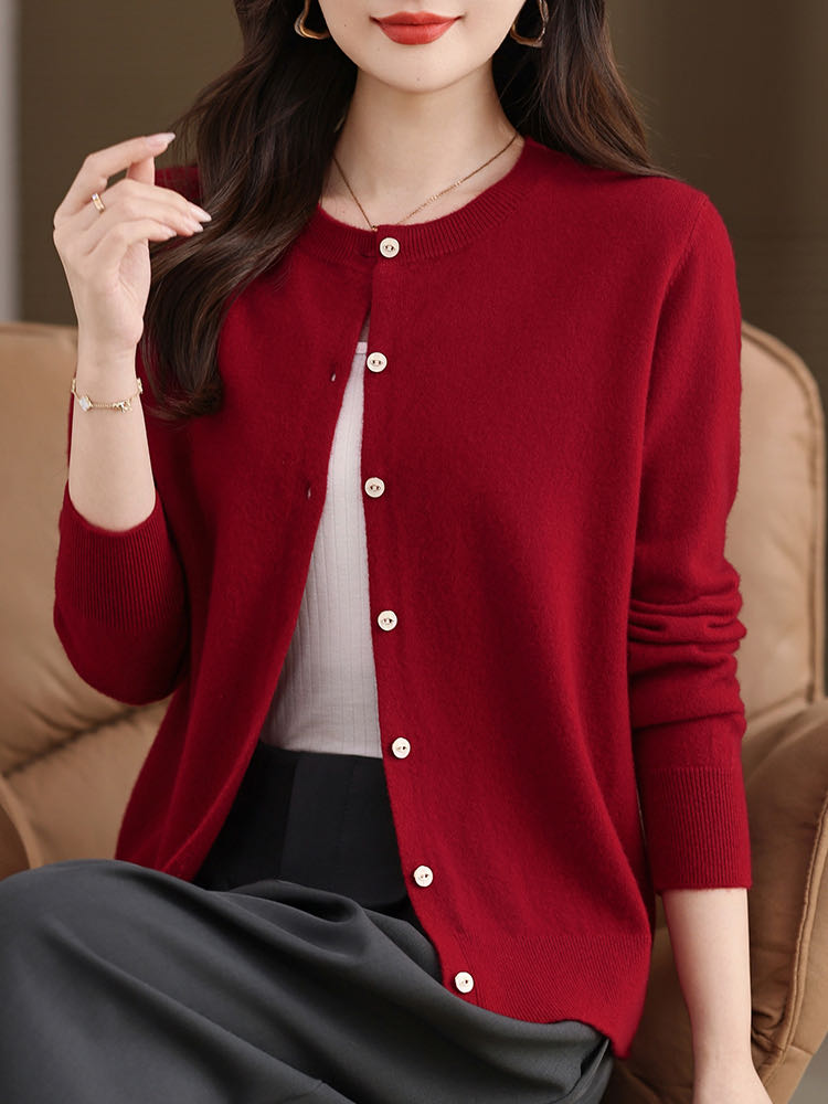 hanyang/晗洋百分百羊毛女圆领开衫加厚修身秋冬小香风女羊毛衫