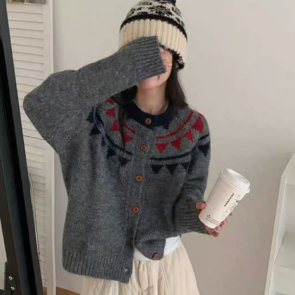 长袖毛衣提花冬季费尔岛毛衣开衫常规