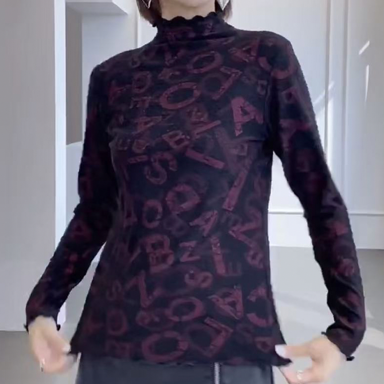 66116冬季新款半高领弹力显瘦字母抓绒保暖印花上衣