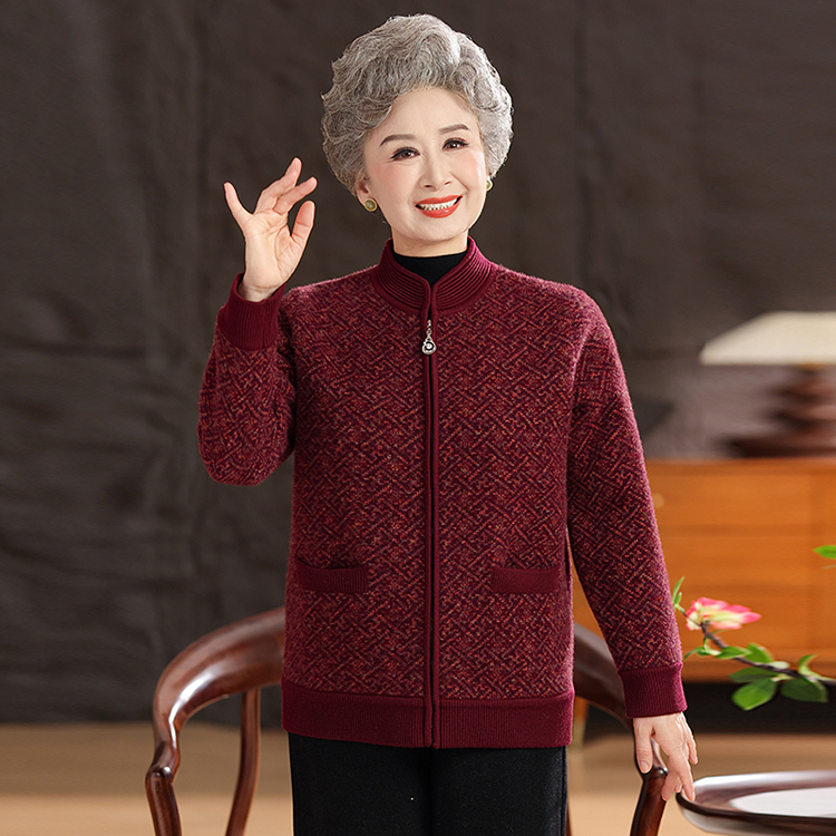 紫竹风韵28908秋冬新款针织开衫加绒加厚宽松显瘦保暖上衣奶奶装
