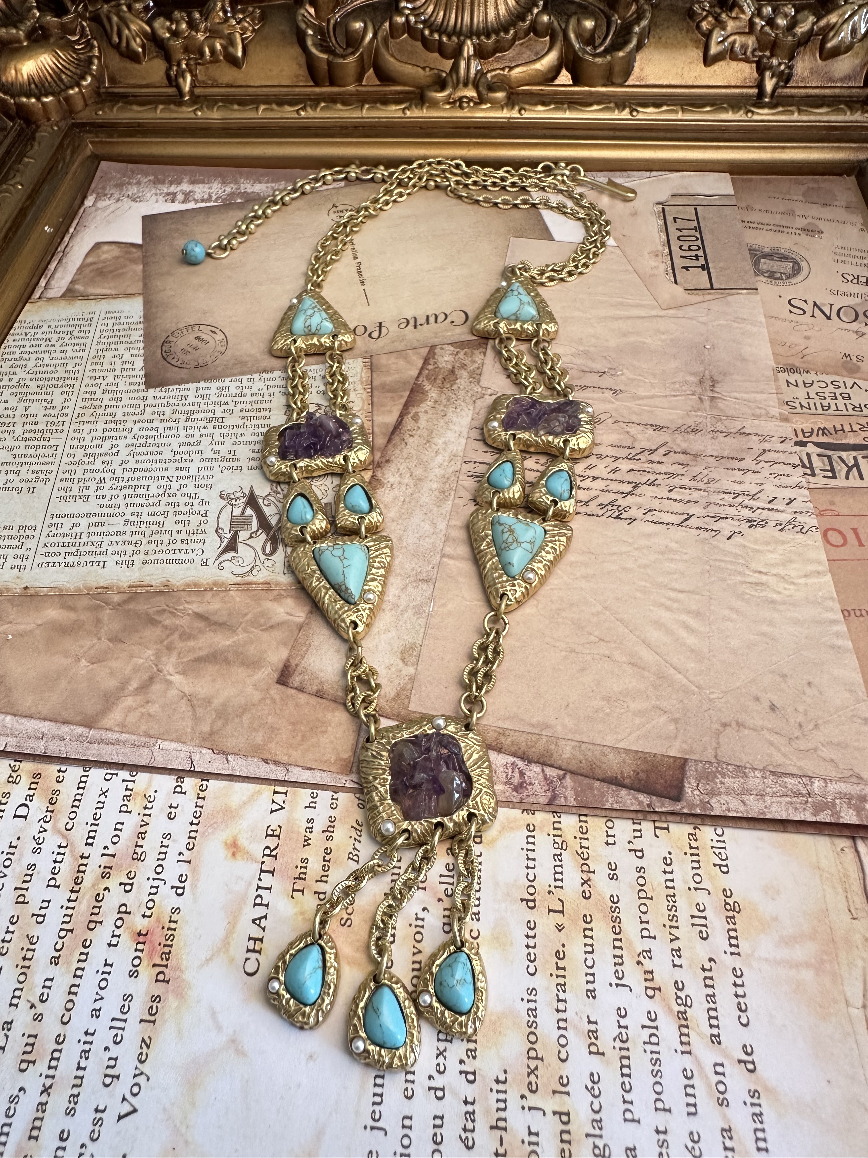 铜合金树脂项链 中古铜镀金紫色碎石树脂项链 0490N