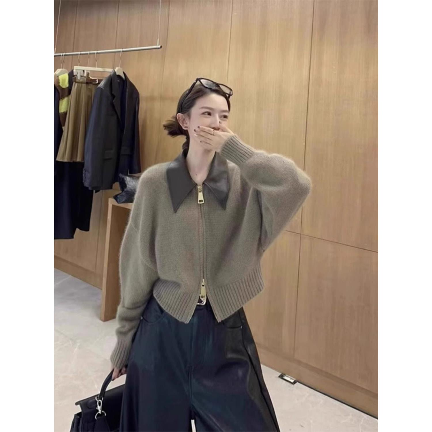 高级感皮POLO领拼接针织开衫双头拉链慵懒风浣熊绒外套上衣女