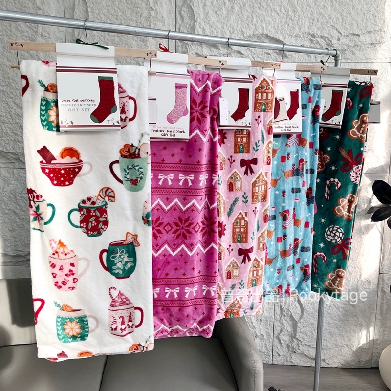 原装整单！送地板袜！圣诞节主题印花软糯超柔法兰绒毛毯保暖盖毯