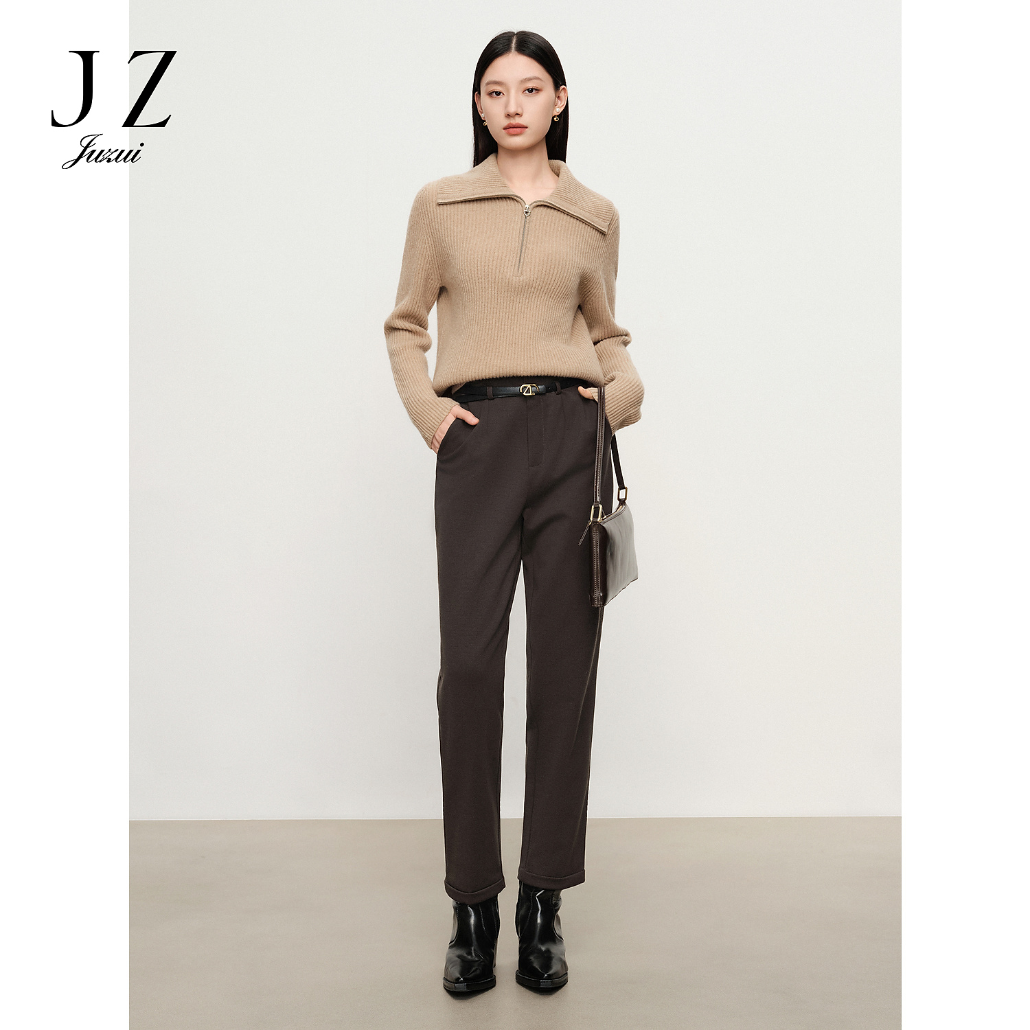 商场同款JZ玖姿优雅通勤腰带羊毛休闲裤女2024冬季新款JWDD11008