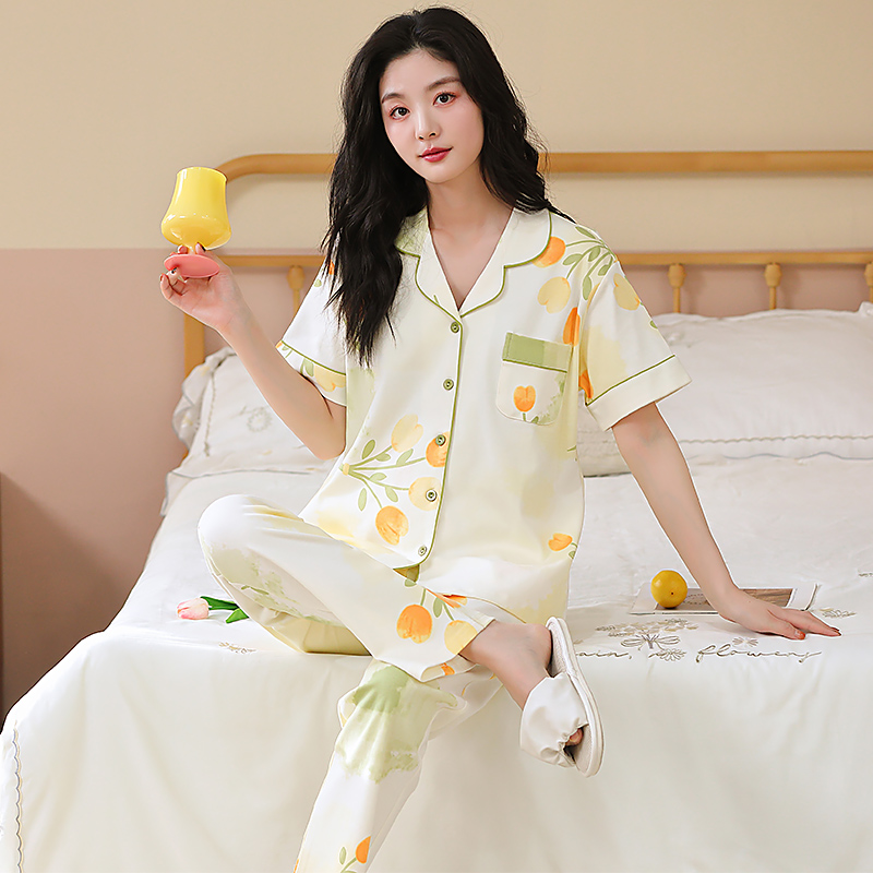 夏季新款纯棉全棉长裤短袖翻领甜美休闲家居服睡衣