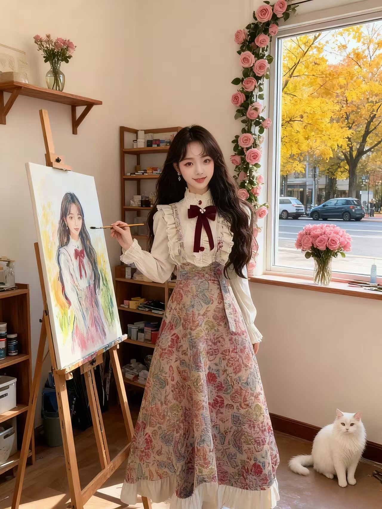 【运补6】660-9#秋冬新款法式复古衬衫万花绒提花背带公主裙套装