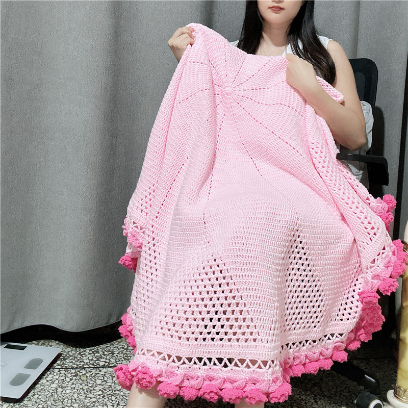 花束毯子手工diy钩针编织玫瑰花毯子自织5股精梳棉材料包钩织毛毯