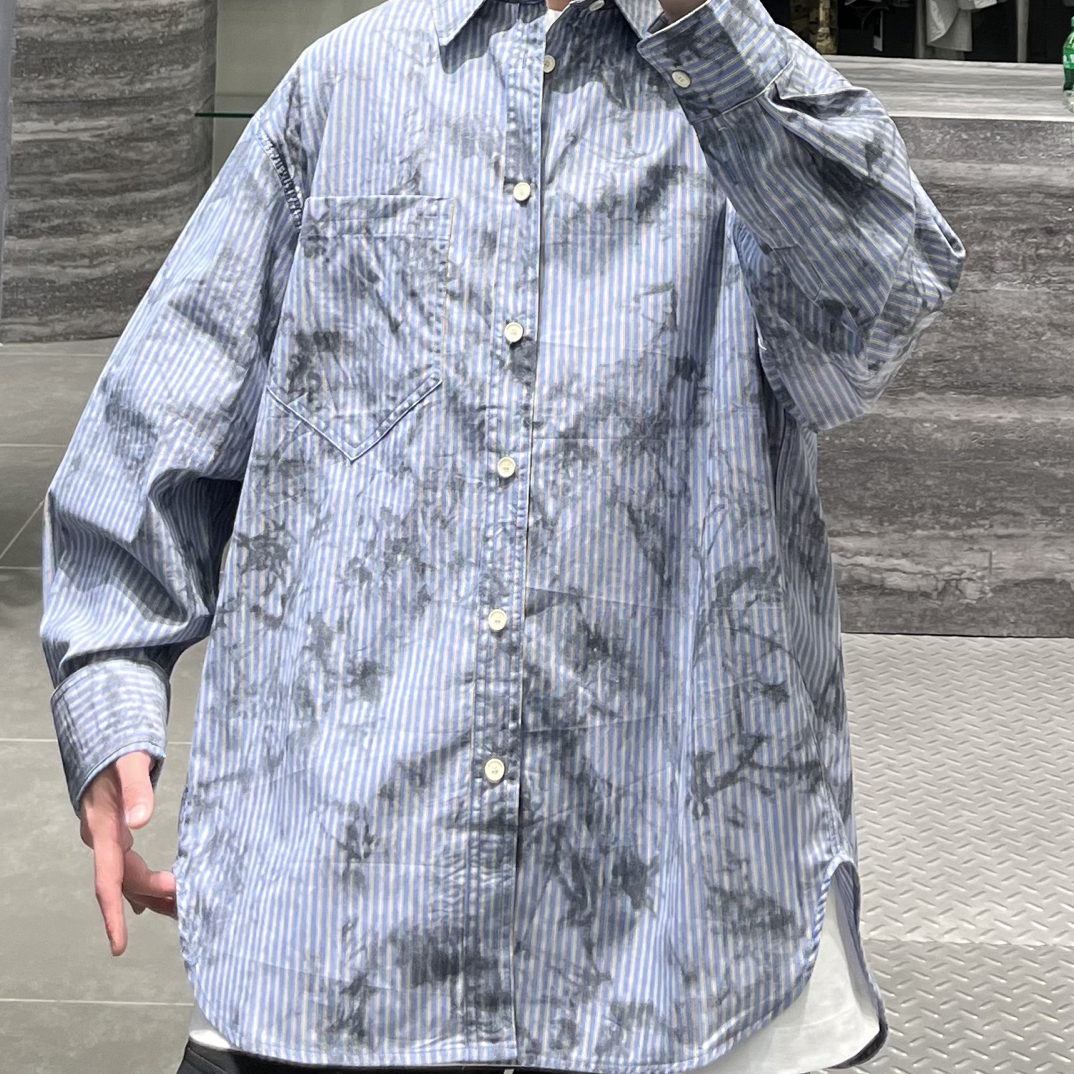 美式复古条纹印花男士长袖衬衫春秋外穿宽松百搭衬衣