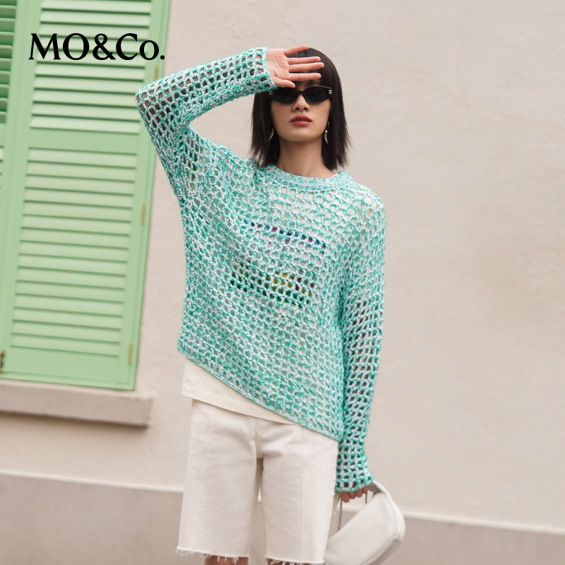 【诗语专属】MOCO春季全手工方格镂空宽松清新针织衫MBB1SWT018