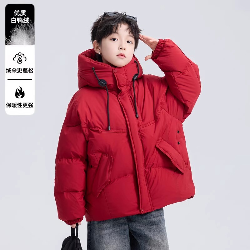 男童冬季羽绒服2025新款冬装男孩韩版中大童加厚红色儿童连帽外套
