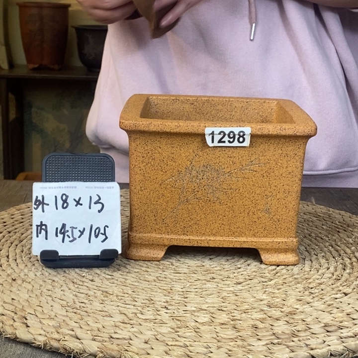 紫砂花盆 特惠柴烧刻绘正四方1298