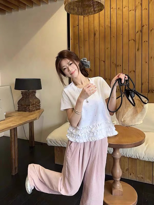 3116#白色重工烫钻短袖t恤