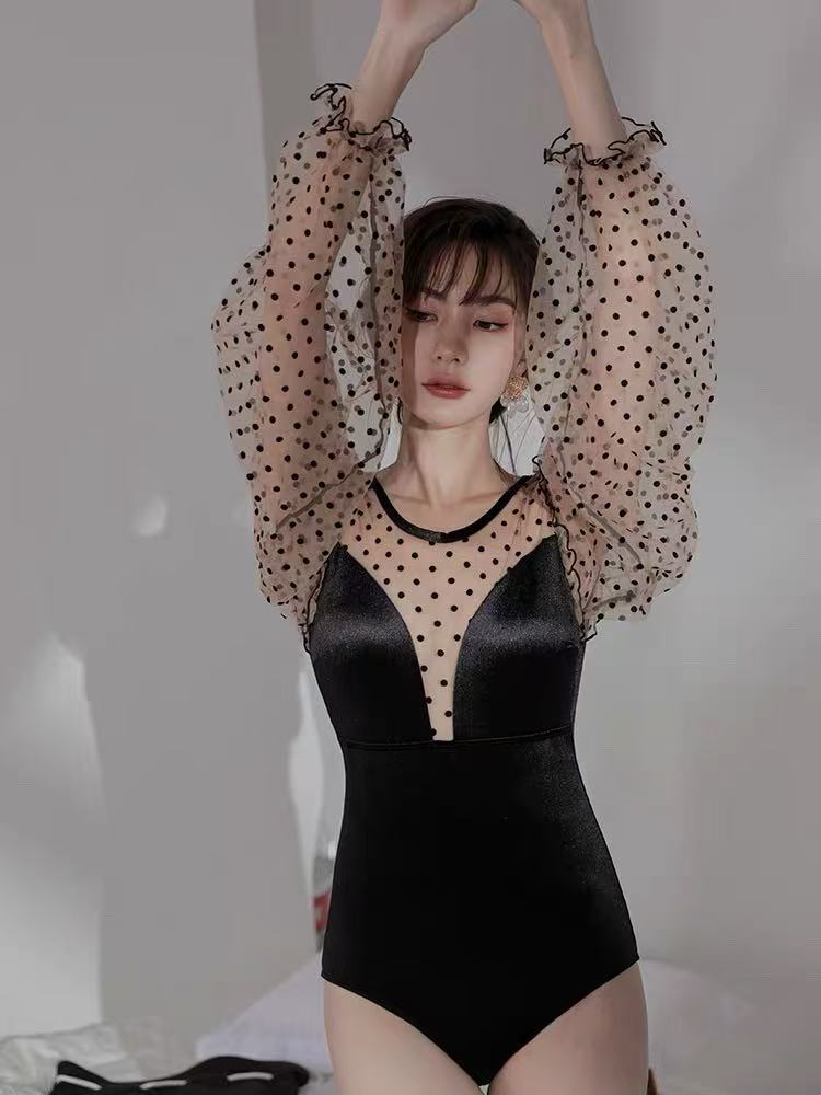 仙女范蕾丝连体泳衣保守小胸长袖遮肚适合温泉游玩时尚气质显瘦