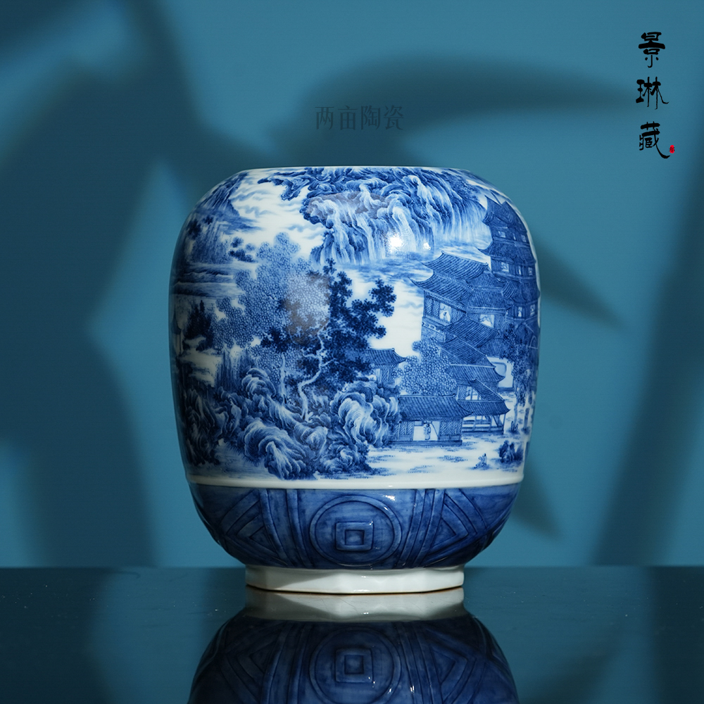 景琳藏楼阁山水花器罐赏瓶  景德镇新中式复古陶瓷花瓶青花摆件