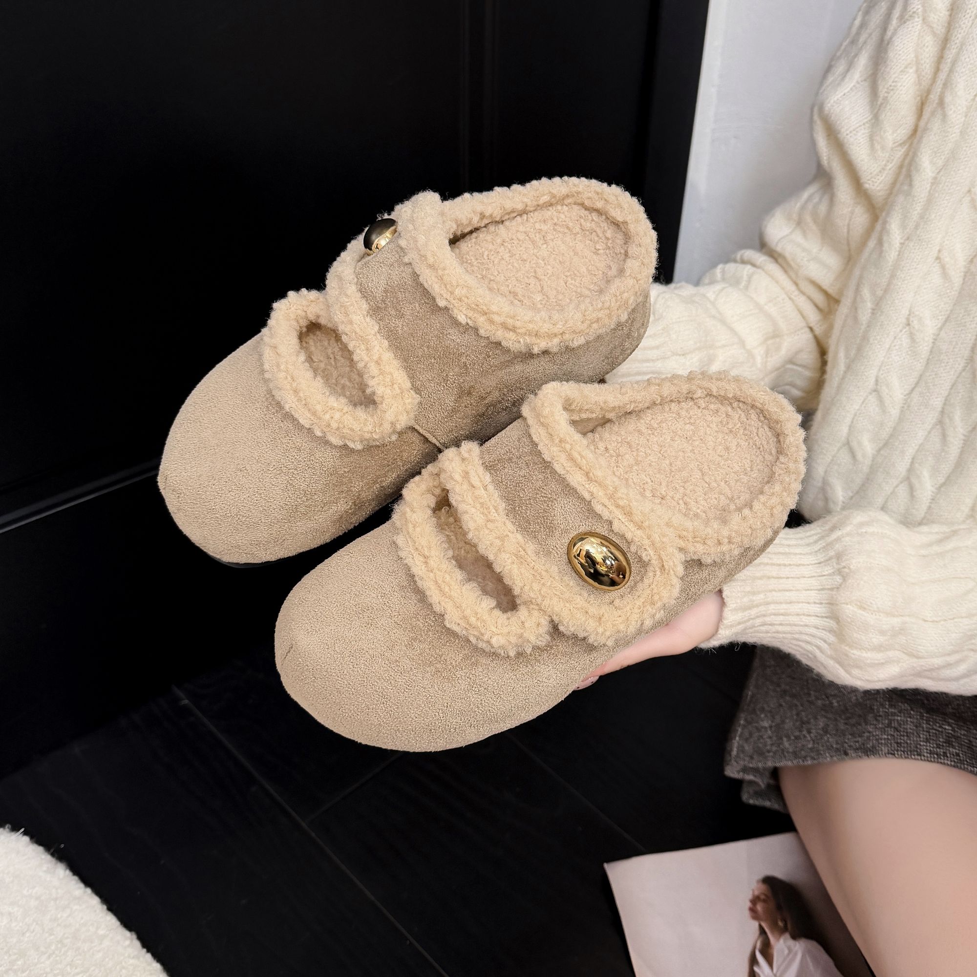 【羊羔毛】女款外穿个性勃肯包头棉拖鞋小香毛毛拖鞋软底秋冬季厚底