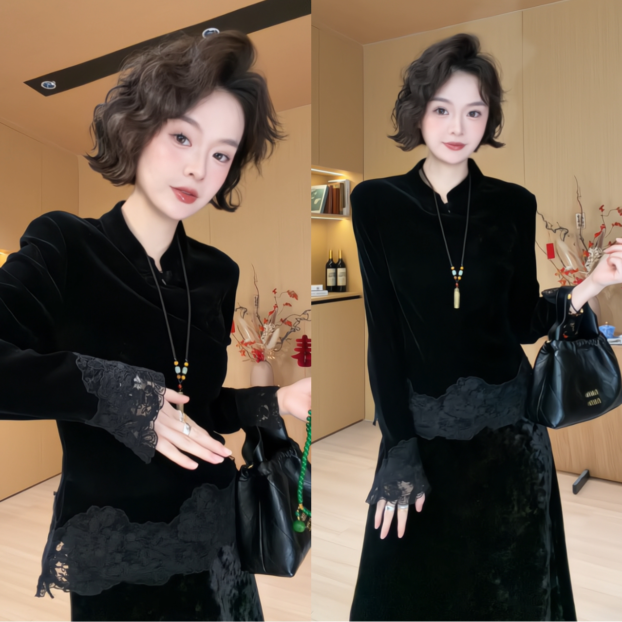 欧尼私服【三粒盘扣蕾丝小衫】2026早春新中式丝绒蕾丝衬衫2601D22