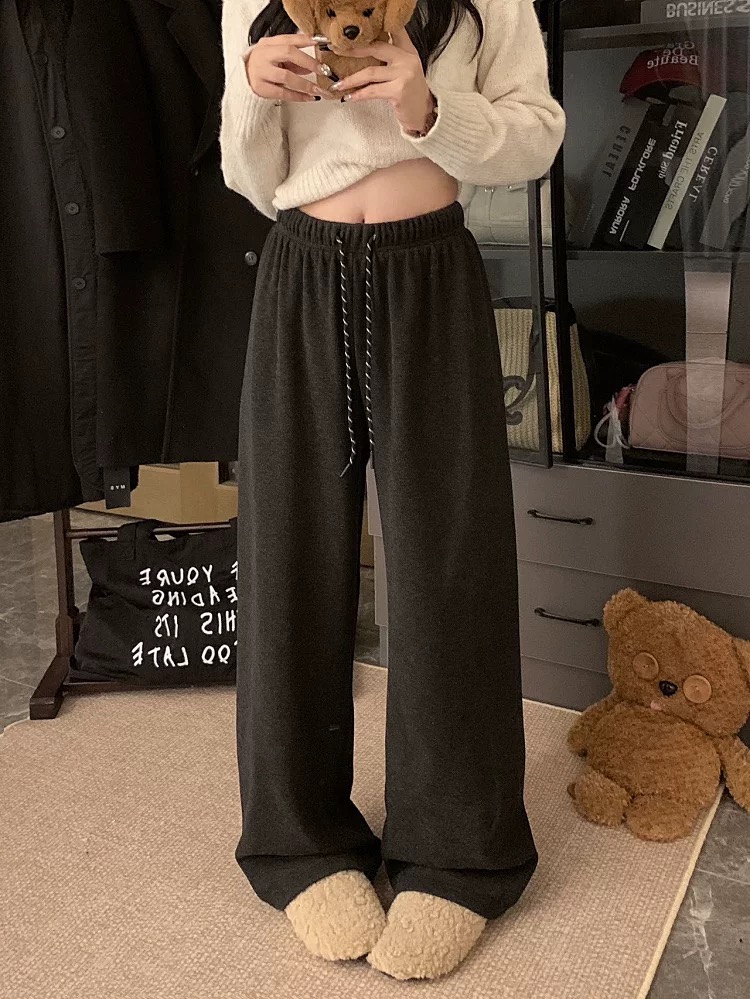 慵懒风松紧腰抽绳垂感直筒裤女秋冬加绒百搭显瘦拖地休闲阔腿长裤
