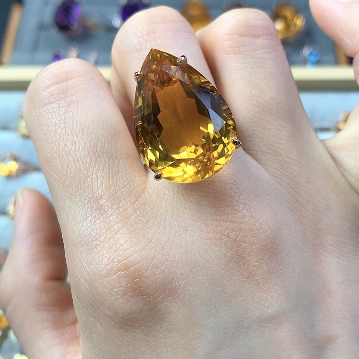 黄晶戒指银S925镶嵌天然黄水晶