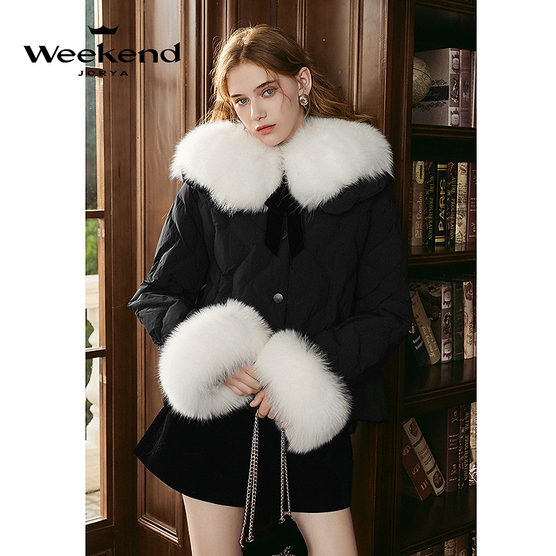 卓雅周末24冬新款千金风狐狸毛领蝴蝶结羽绒服短外套Q260674A