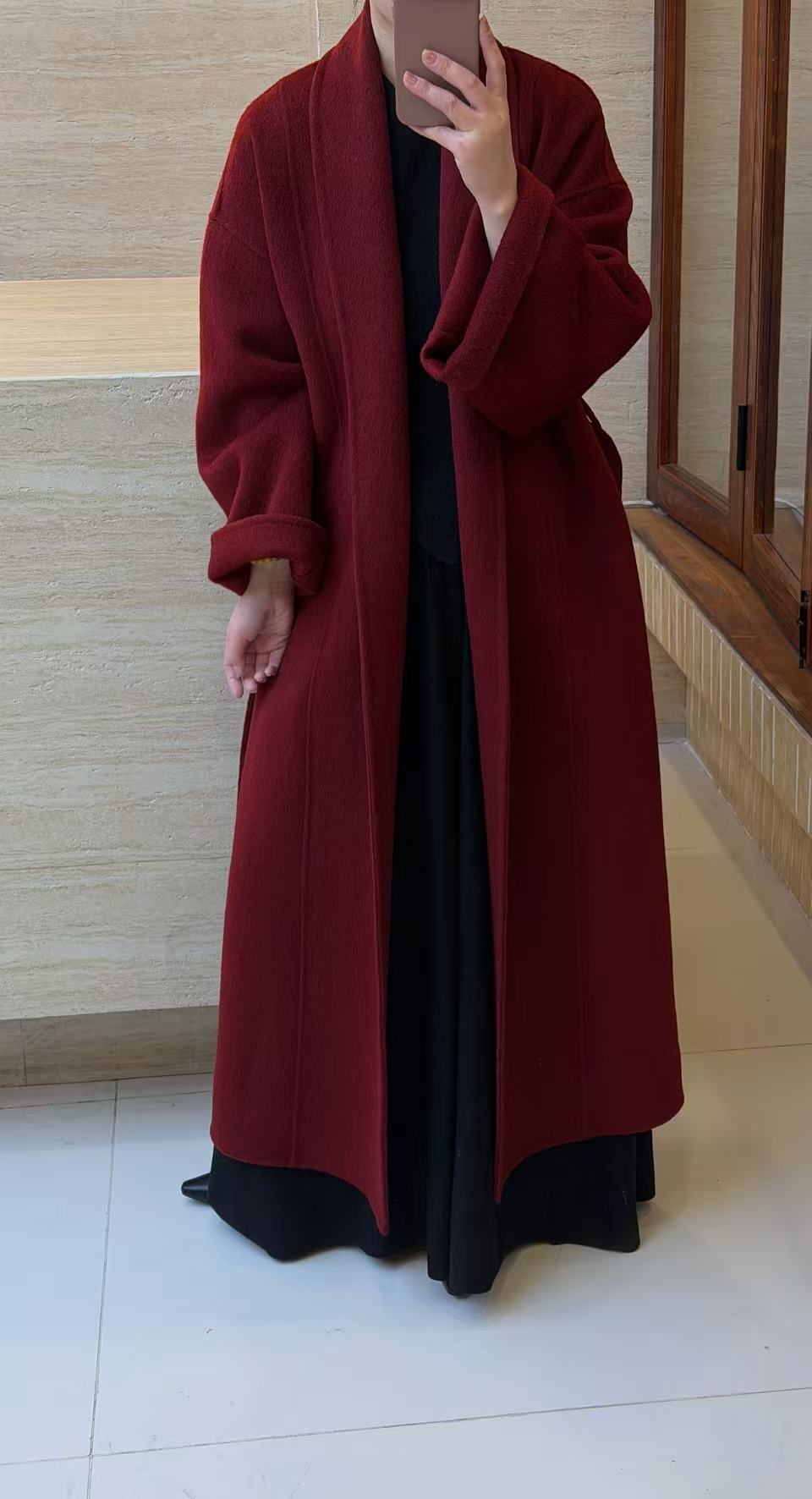 之之兮尔  双面羊毛大衣气质西西里圣诞红长款系带宽松毛呢外套女