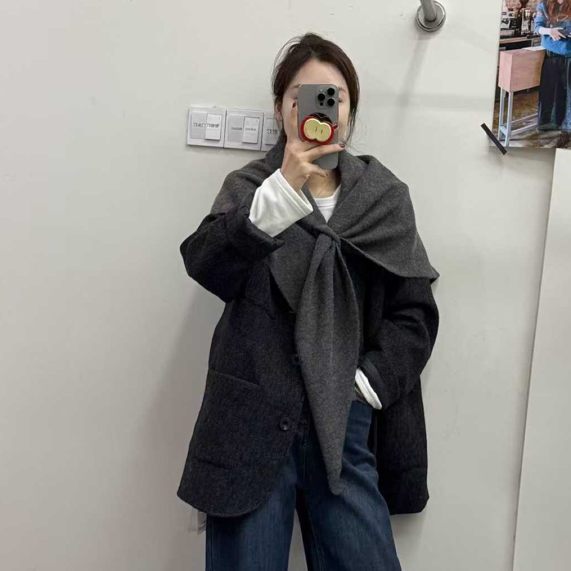【Hi 妞】气质毛呢大衣带大披肩 内里羽绒