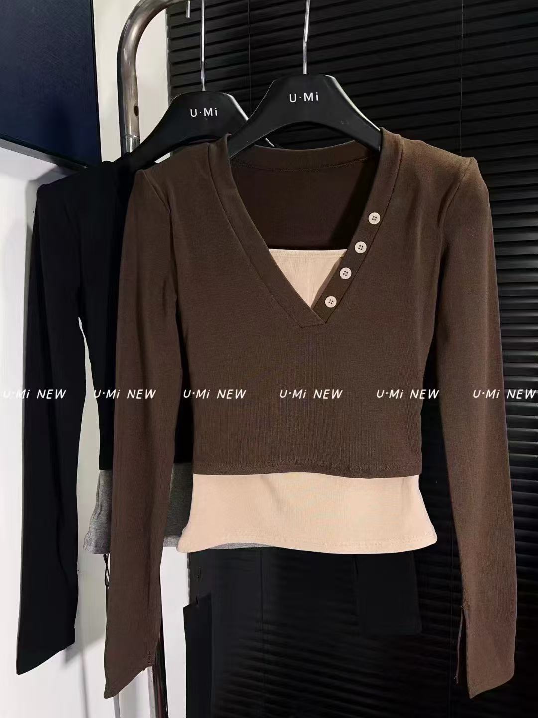 ROU-ROU)JIA拼色假两件磨毛T35R494